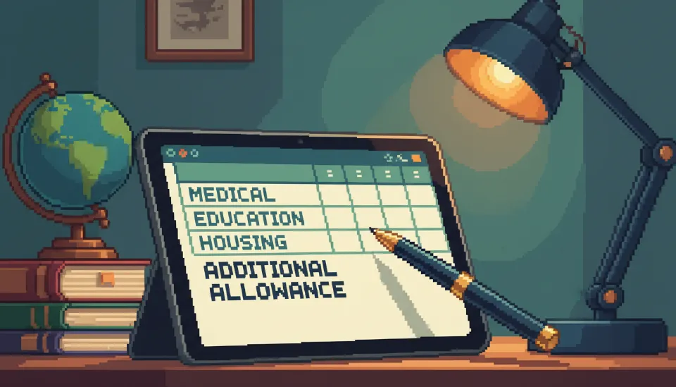 태블릿 화면에 표시된 의료비 및 교육비 등 추가 생계비 항목 분석표와 전문직 종사자의 책상 배경