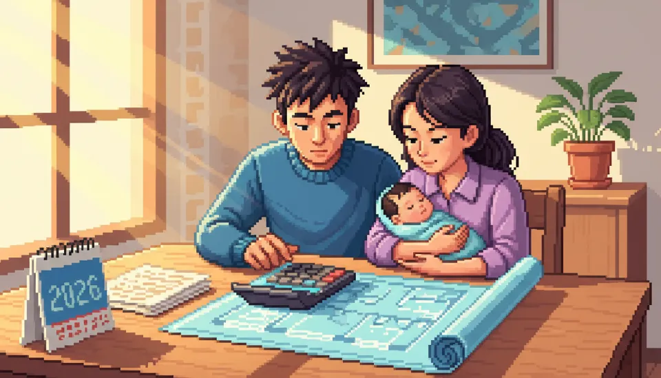 2026년 달력이 놓인 테이블에서 신생아를 안은 부부가 주택 도면과 계산기를 두드리며 취득세 감면 조건을 확인하는 모습