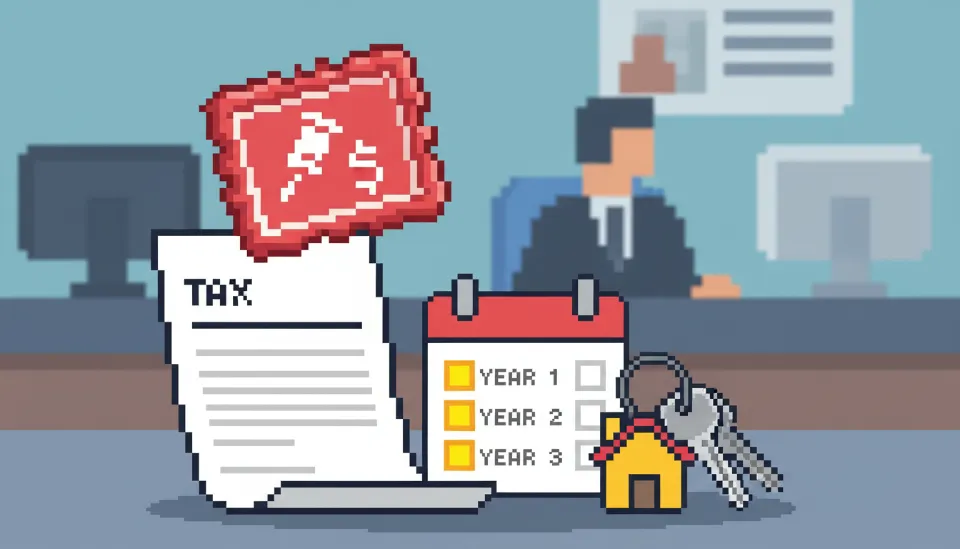 세금 감면 서류 위에 경고 도장이 찍히고 3년 의무 거주 기간이 표시된 달력과 열쇠가 놓여 있는 추징금 주의 경고 이미지