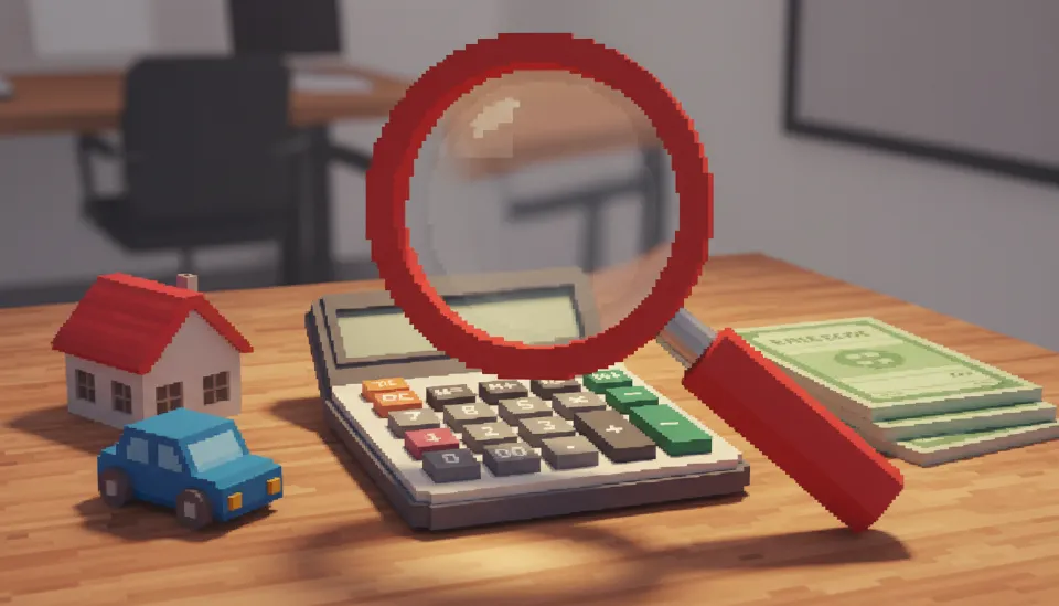 책상 위에 놓인 계산기, 주택 모형, 자동차 열쇠, 통장을 돋보기로 자세히 들여다보는 모습으로 근로장려금 재산 합계액 산정 대상을 묘사한 사진