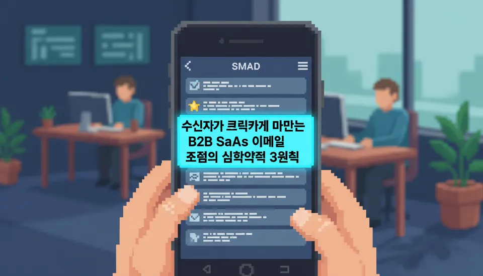 스마트폰 알림 화면에 뜬 짧고 매력적인 B2B 콜드 이메일 제목이 다른 스팸 메일들과 대조되어 돋보이는 모습