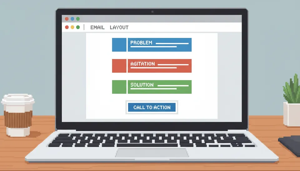 노트북 화면에 표시된 이메일 본문 구조 다이어그램, 문제(Problem), 동요(Agitation), 해결(Solution) 섹션이 색상별로 구분되어 있고 명확한 CTA가 강조된 모습
