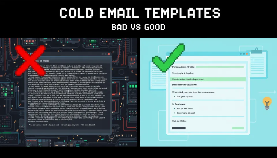 잘못 작성된 빽빽한 텍스트의 이메일과 깔끔하게 구조화되고 개인화된 이메일 템플릿을 비교하여 보여주는 분할 화면 이미지