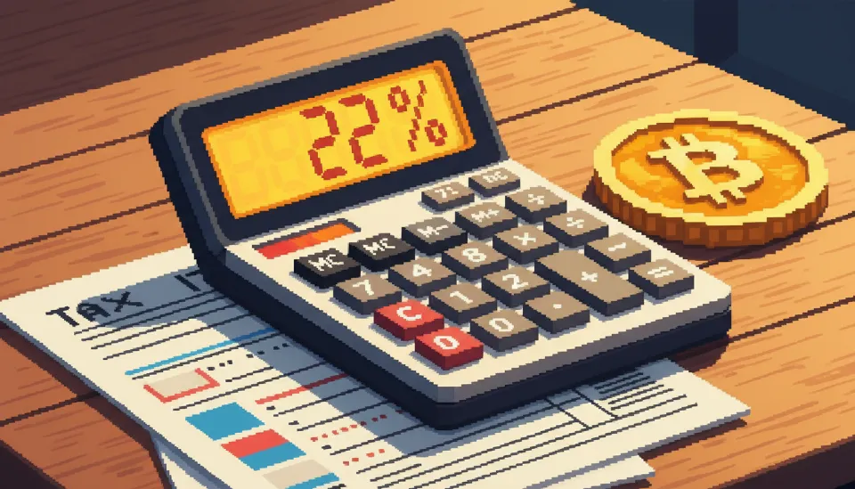 22%라는 숫자가 선명하게 표시된 계산기와 그 옆에 놓인 비트코인 모형 및 세금 신고 서류가 책상 위에 정돈된 모습