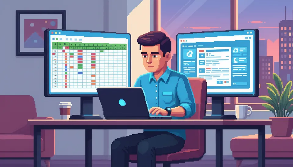 듀얼 모니터를 사용하여 한쪽 화면에는 복잡한 가상자산 거래 내역 엑셀 파일을, 다른 쪽에는 국세청 홈택스 화면을 띄워두고 작업하는 분석적인 모습