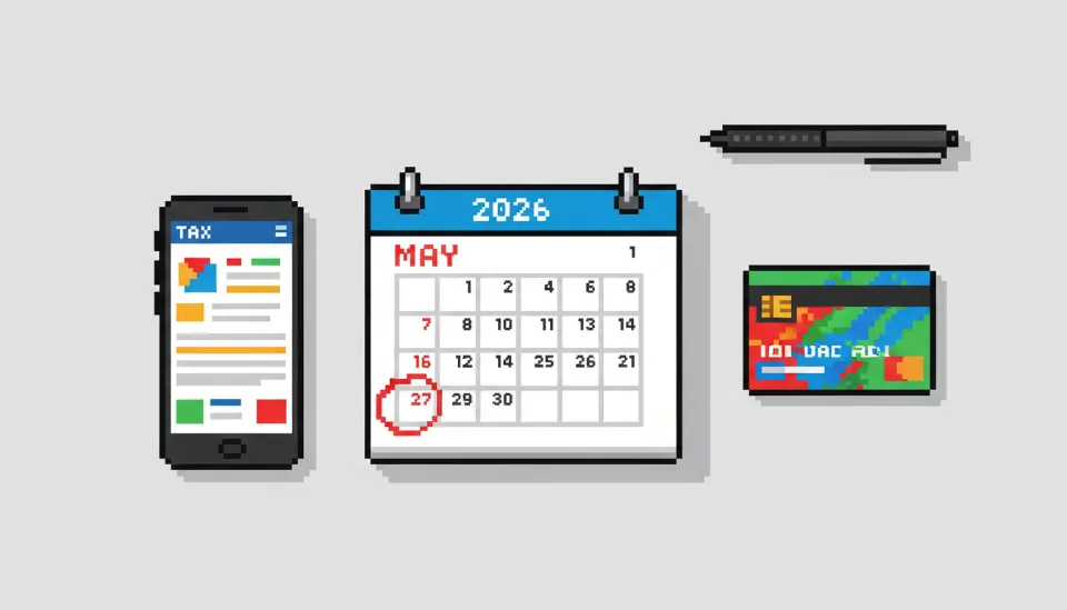 2026년 5월 달력에 31일이 빨간색 펜으로 강조되어 있고, 주변에 세금 신고 앱이 켜진 스마트폰과 신용카드가 놓여 있는 마감 기한 이미지