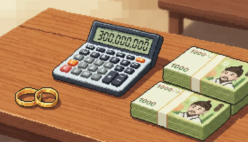 계산기에 3억 원이라는 숫자가 표시되어 있고 그 옆에 결혼반지와 한국 원화 지폐 뭉치가 놓여 있는 신혼부부 자금 계획 이미지