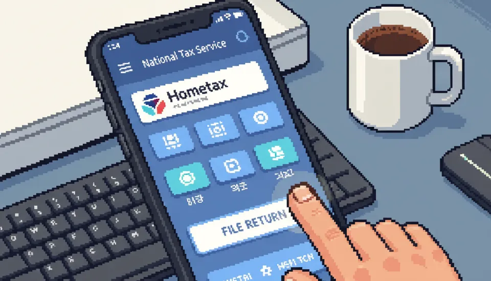 스마트폰 화면에 국세청 홈택스 앱이 켜져 있고 사용자가 신고하기 버튼을 누르고 있어 간편한 증여세 신고 과정을 묘사한 이미지