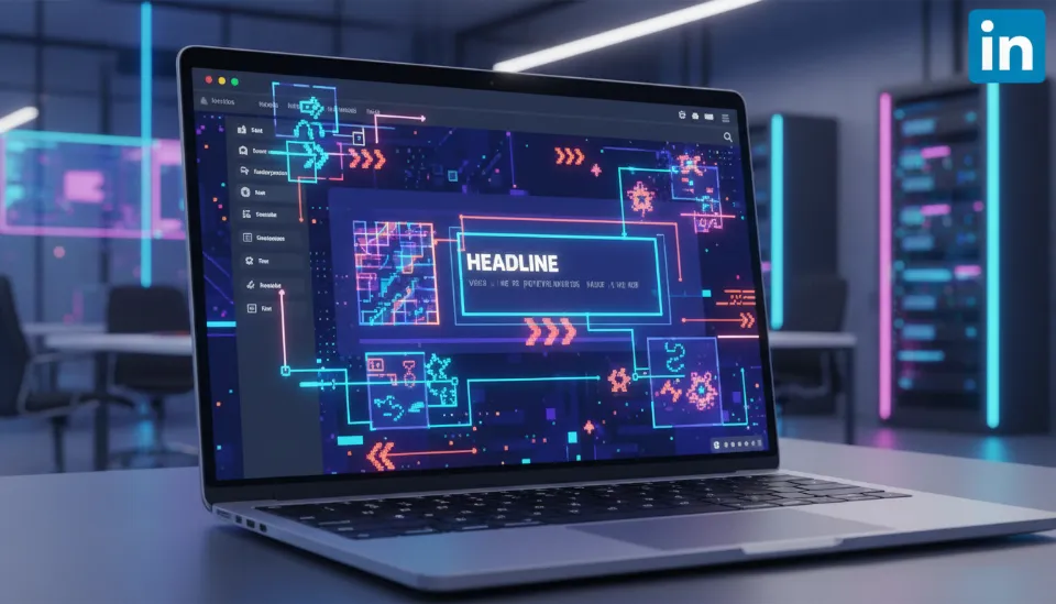 노트북 화면에 띄워진 링크드인 프로필 헤드라인 섹션이 강조되어 있으며, B2B SaaS 리드 제네레이션에 최적화된 가치 제안 문구가 시각적으로 부각된 이미지