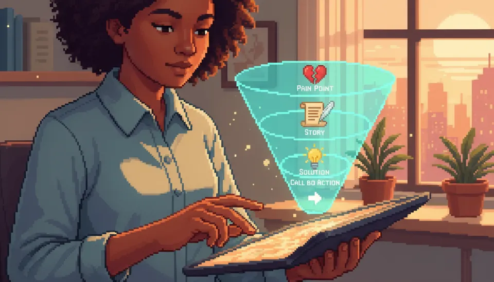 태블릿을 사용하여 링크드인 소개 섹션을 작성하는 전문가의 모습과 고객의 공감을 이끌어내는 스토리텔링 구조인 고통, 이야기, 해결책, 행동 유도 단계가 홀로그램으로 표현된 이미지