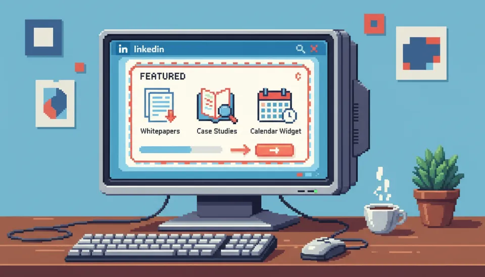 링크드인 추천 보유 기술 섹션에 백서 다운로드, 케이스 스터디, 일정 예약 위젯이 배치되어 있어 B2B 마케팅 전략과 리드 전환을 유도하는 모니터 화면 이미지