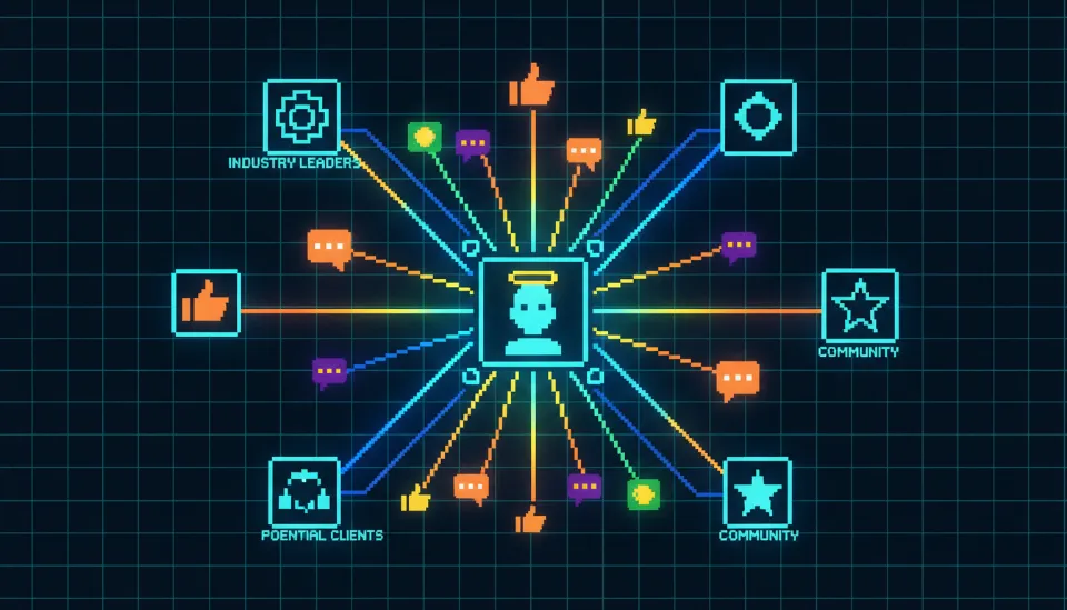 링크드인 사용자 프로필을 중심으로 댓글과 반응을 통해 업계 리더 및 잠재 고객과 연결되는 네트워크 다이어그램과 참여 활동이 시각화된 이미지