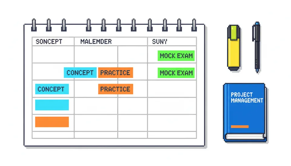 3개월 간의 PMP 학습 계획이 적힌 캘린더와 형광펜, 교재가 깔끔하게 정리된 책상 위의 학습 계획표 인포그래픽