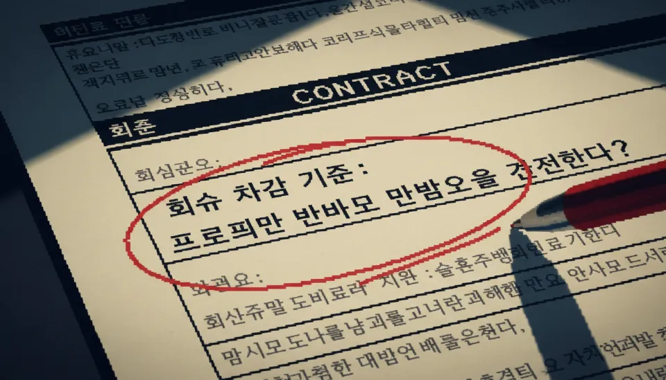 결혼정보회사 계약서 약관 중 만남 횟수 차감 기준이 적힌 깨알 같은 글씨와 이를 빨간 펜으로 체크하는 모습