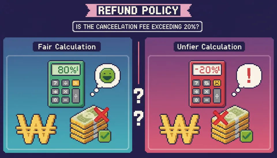 공정거래위원회 표준약관에 따른 정상 환불 금액과 과도한 위약금이 청구된 불공정 환불 계산기를 비교한 인포그래픽