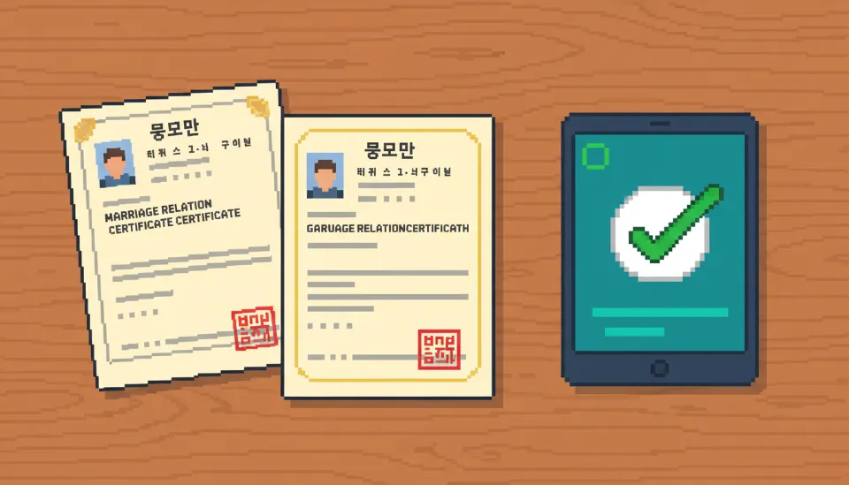 혼인관계증명서와 졸업증명서 등 결혼정보회사 가입 시 필요한 신원 인증 서류들이 책상 위에 놓여 있고 인증 완료 마크가 표시된 태블릿 화면