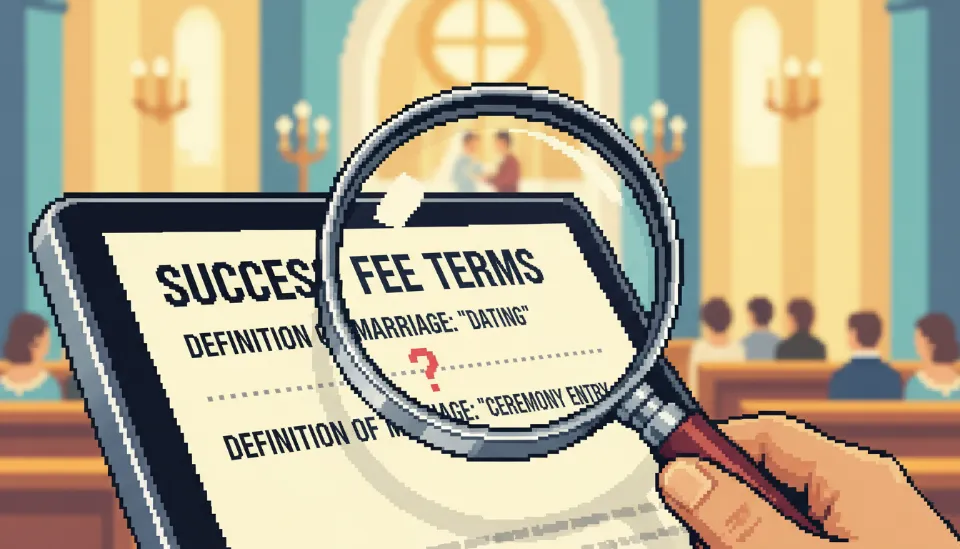 결혼식장 배경을 뒤로하고 전경에 있는 계약서의 성혼 사례비 지급 조건 조항을 돋보기로 확대해서 보여주는 이미지