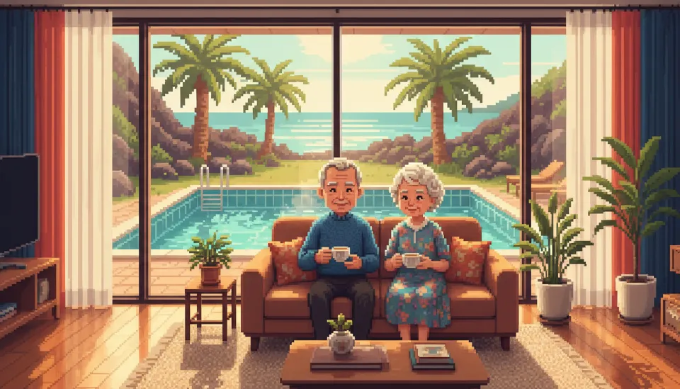 단차가 없는 넓은 거실 소파에 앉아 편안하게 휴식을 취하고 있는 노부부의 모습과 유리창 너머로 보이는 김이 모락모락 나는 따뜻한 실내 온수 풀장의 전경
