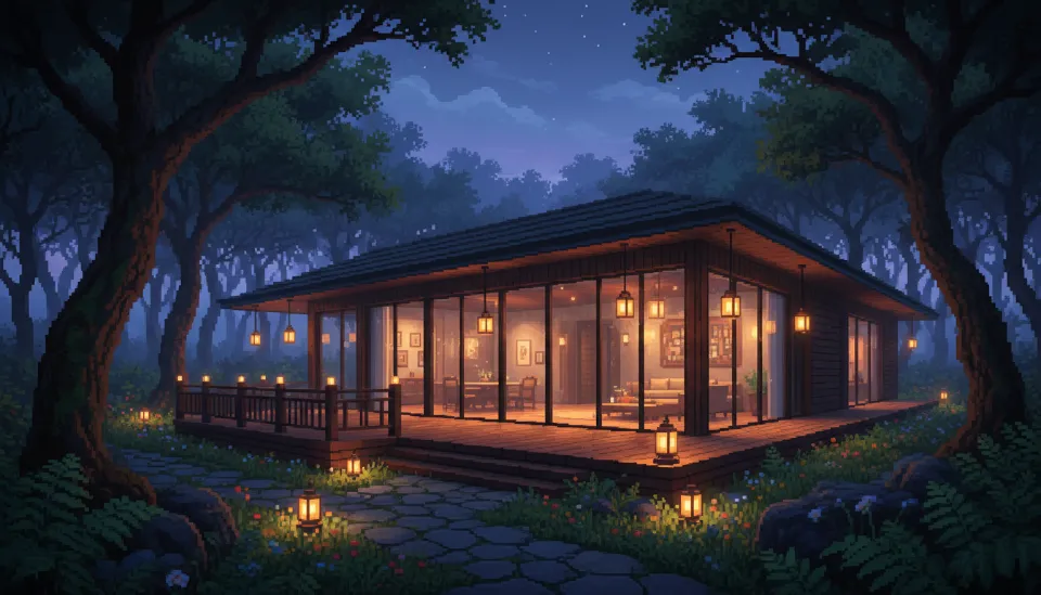 제주 곶자왈 숲속에 자리 잡은 단층 구조의 고급스러운 독채 풀빌라 외관과 은은한 조명이 켜진 나무 데크의 평화로운 저녁 풍경