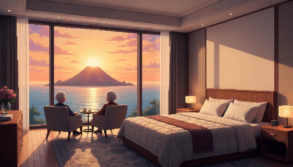 통유리창 너머로 붉게 떠오르는 성산일출봉의 일출을 침실에서 편안하게 감상하고 있는 모습과 따스한 아침 햇살이 비치는 객실 내부
