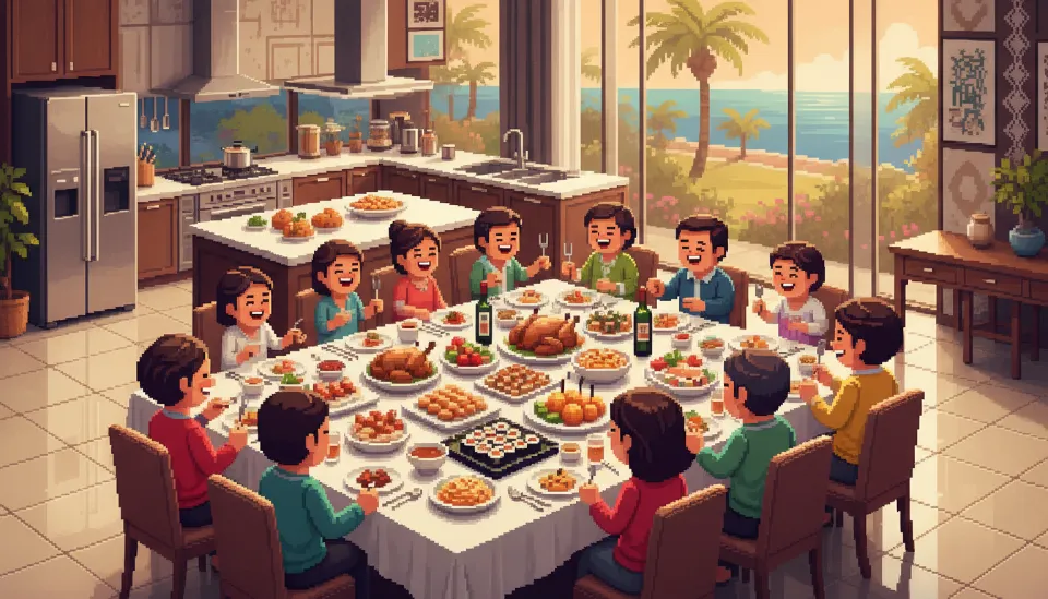 고급스러운 빌라 다이닝 룸에서 케이터링 서비스를 이용해 편안하게 식사를 즐기고 있는 대가족의 행복한 모습과 현대적인 주방 배경