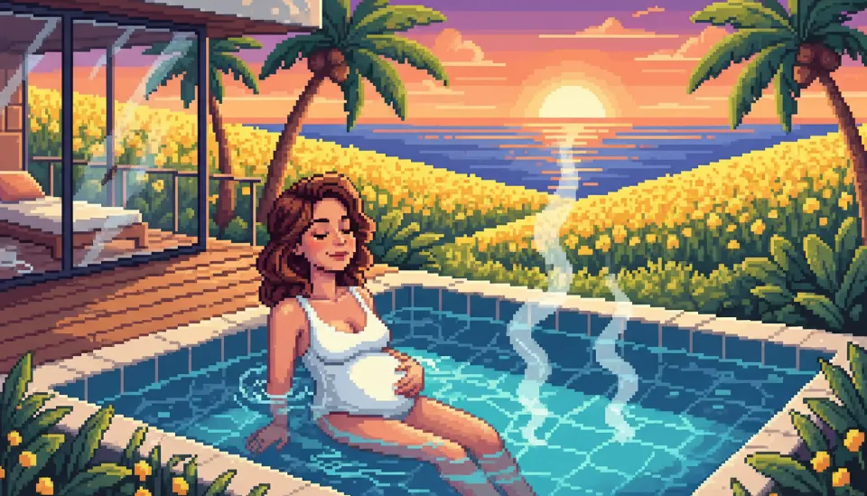 2026년 봄 제주 서귀포 독채 풀빌라의 따뜻한 온수풀에서 김이 모락모락 나는 가운데 휴식을 취하고 있는 임산부의 평온한 뒷모습