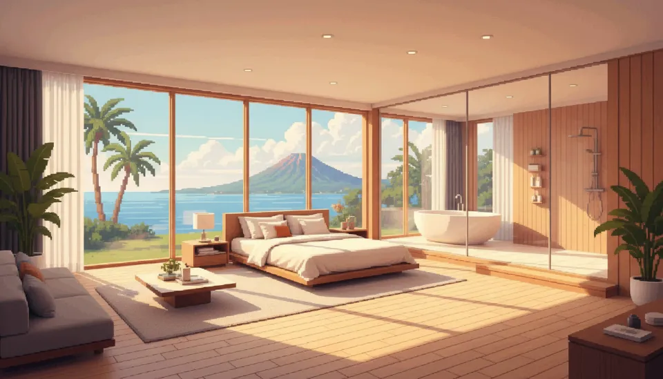 임산부의 이동 편의성을 고려하여 문턱이 없고 바닥이 미끄럽지 않은 논슬립 타일로 시공된 제주 서귀포 단층 독채 숙소의 거실과 침실 인테리어