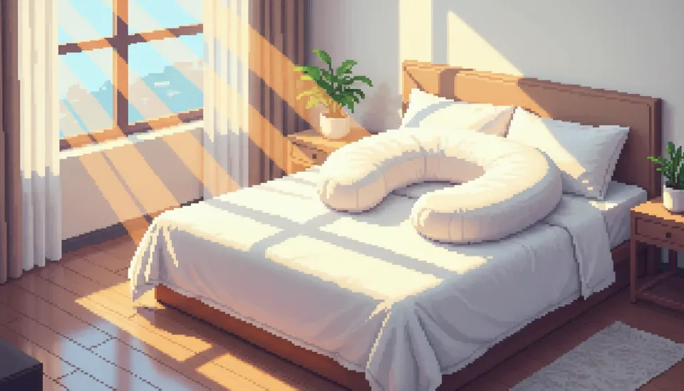 임산부의 편안한 숙면을 위해 U자형 바디필로우와 알러지 케어 소재의 고급 침구가 세팅된 제주 감성 숙소의 침실 전경