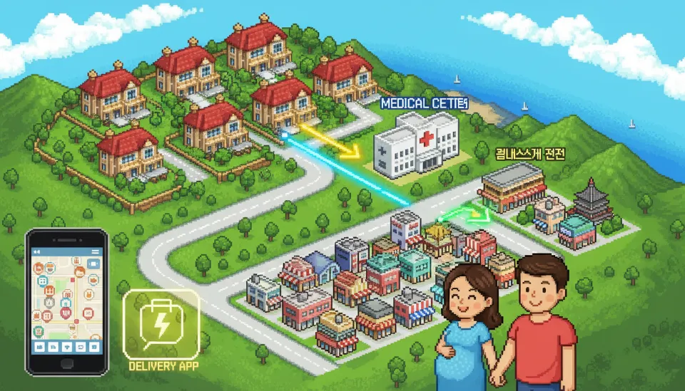 제주 서귀포 의료원 및 시내 편의 시설과 차량 15분 거리 내에 위치하여 비상 상황 시 빠른 대처가 가능한 태교 여행 숙소의 위치 개념도