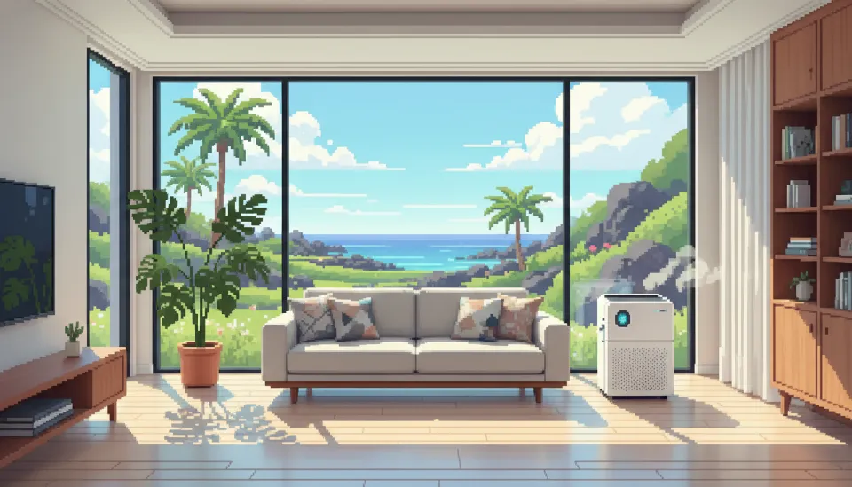 실내 수영장이 있음에도 강력한 제습기와 공기청정기 가동으로 곰팡이 없이 쾌적하고 뽀송뽀송한 제주 독채 펜션의 실내 환경