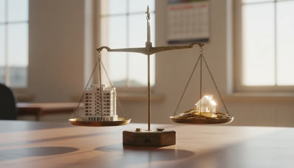 2026년 달력이 걸린 사무실 배경에서 저울 위에 놓인 현대식 아파트 모델과 금화가 균형을 이루며 부부 공동명의의 절세 효과를 시각적으로 표현한 이미지