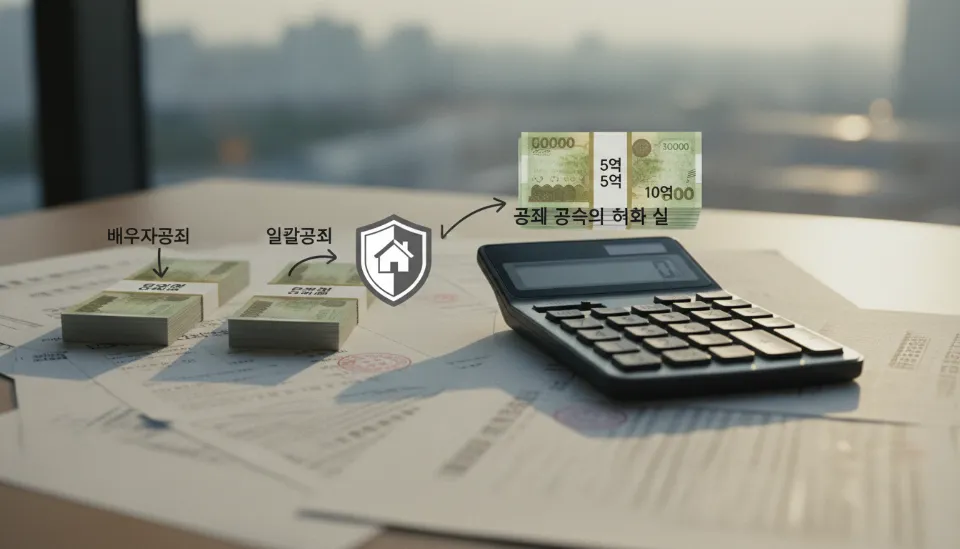 일괄공제와 배우자공제 자금 뭉치가 합쳐져 집을 보호하는 방패가 되는 인포그래픽으로, 계산기에 0원이 표시되어 상속세 면제를 나타내는 이미지