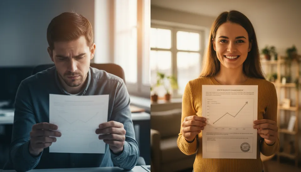 좌측은 낮은 취득가액으로 인한 높은 양도세 고지서를 든 우울한 사람, 우측은 감정평가서를 통해 취득가를 높여 미래의 세금을 절약한 밝은 표정의 사람을 비교한 일러스트