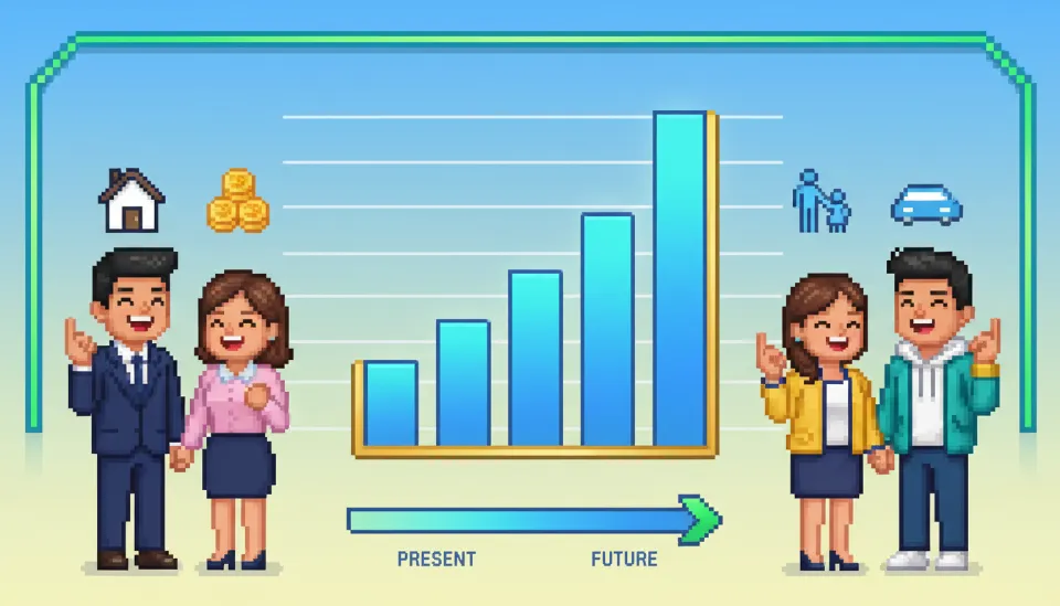 2026년 신생아 특례대출 소득 요건이 완화되어 맞벌이 부부도 혜택을 받는 모습을 표현한 인포그래픽과 행복한 부부의 이미지