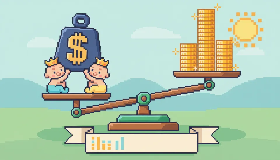 자녀 수에 따라 신생아 특례대출 금리가 낮아지는 효과를 시소와 아기 캐릭터로 표현한 3D 일러스트