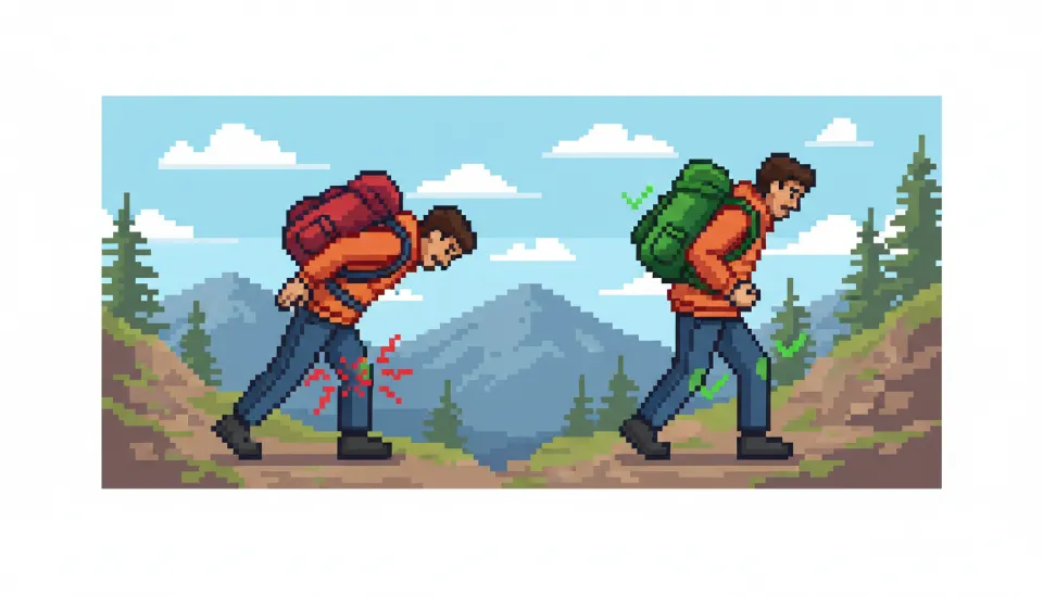 하산 시 잘못된 후방 중심 자세와 올바른 전방 경사 자세를 비교하여 무릎 하중 스트레스를 시각적으로 설명한 인포그래픽