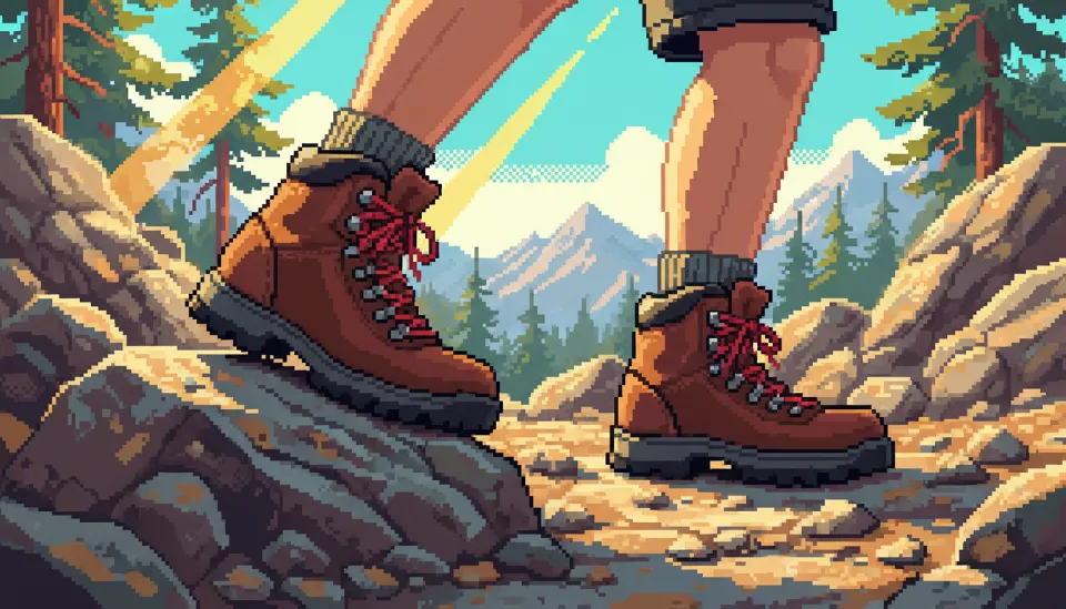 울퉁불퉁한 바위 지형에서 무릎을 살짝 굽히고 발바닥 전체로 지면을 딛는 소프트 니 등산 보행 기술의 발 모양 클로즈업