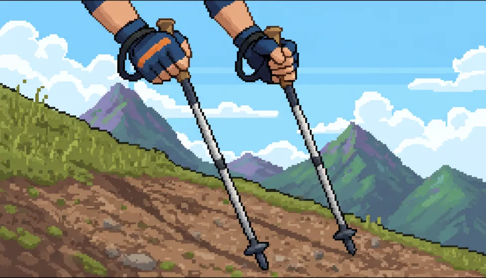 등산 스틱 스트랩을 손목 밑에서 위로 넣어 감싸 쥔 올바른 파지법과 하산 시 길게 조절된 스틱 사용 예시