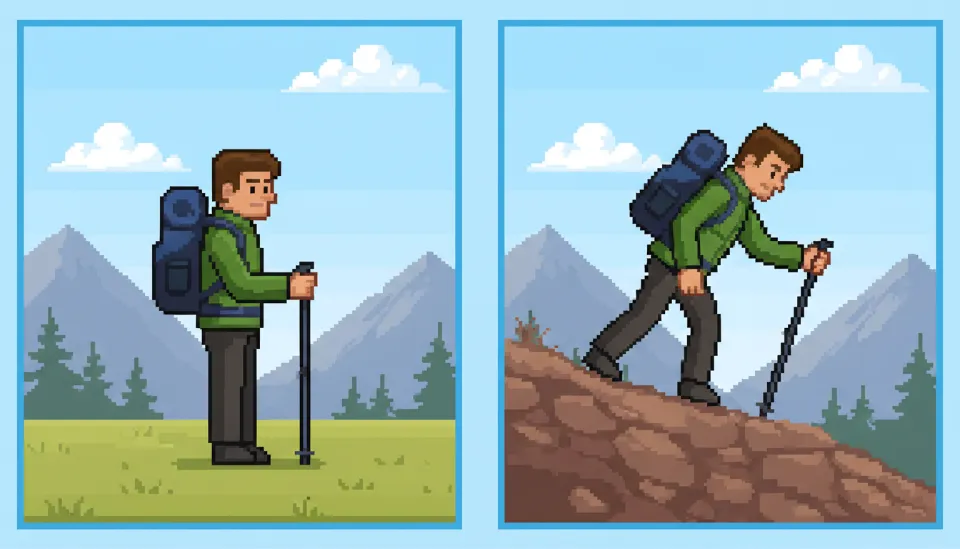 평지에서의 90도 팔꿈치 각도와 대비되는 하산 시 15cm 길게 조절된 등산 스틱을 사용해 상체를 곧게 펴고 내려오는 등산객의 측면 비교 사진