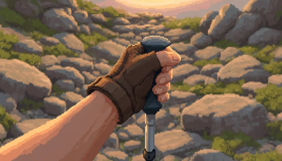 급경사 하산 시 등산 스틱의 헤드 부분을 손바닥으로 감싸 쥐어 체중을 지지하는 올바른 파지법을 보여주는 등산객의 손 클로즈업 사진