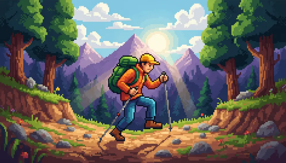 두 개의 등산 스틱을 발보다 먼저 짚고 무릎을 굽혀 충격을 흡수하며 리듬감 있게 산을 내려오는 등산객의 전신 실전 자세