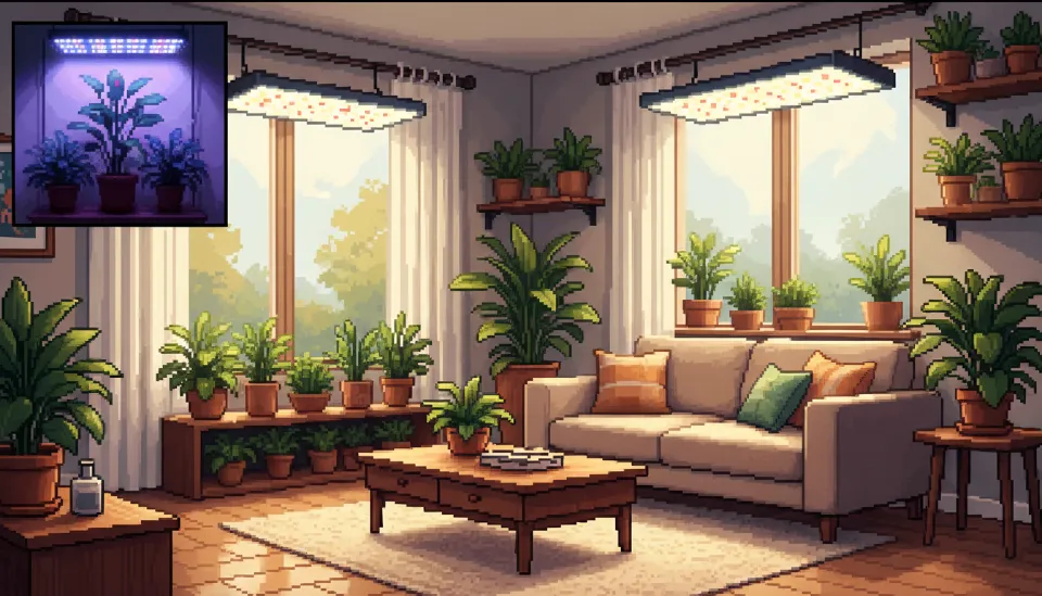 따뜻한 화이트 톤의 풀스펙트럼 식물등이 설치된 거실 플랜테리어와 대조되는 보라색 조명의 작은 예시 이미지
