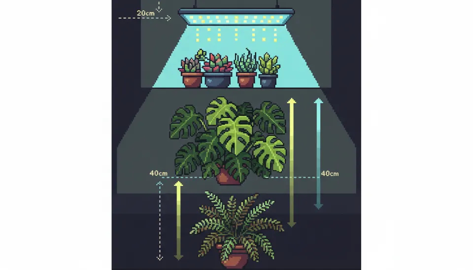 식물 종류별 적정 LED 조명 설치 거리와 그에 따른 PPFD 변화를 설명하는 도해, 다육식물과 관엽식물의 높이 차이 묘사