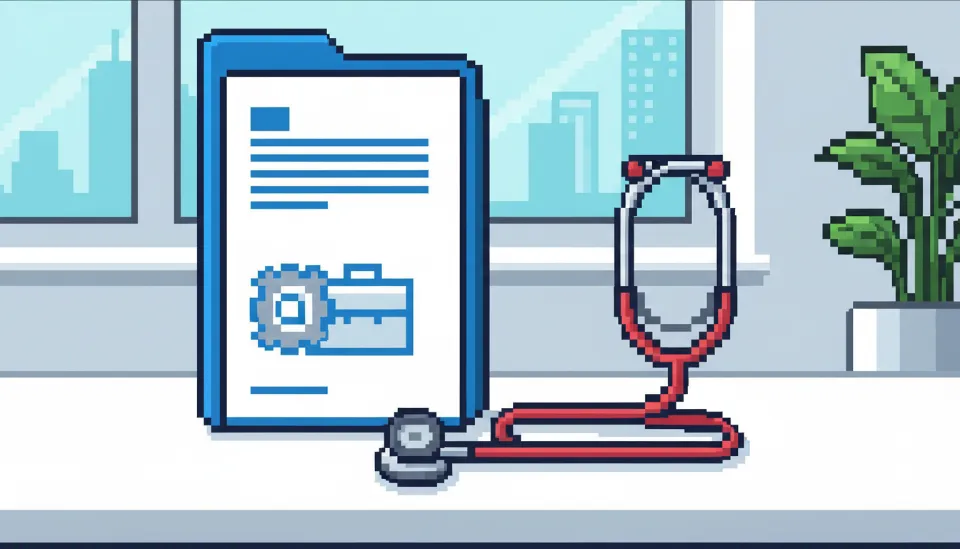 직장 발령을 증명하는 재직증명서 서류철과 의료 목적 예외를 상징하는 청진기가 책상 위에 놓인 이미지