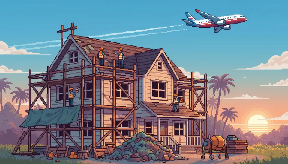 수리 중인 주택의 모습과 상공을 날아가는 비행기를 통해 인테리어 공사와 해외 체류 예외 사유를 표현한 이미지