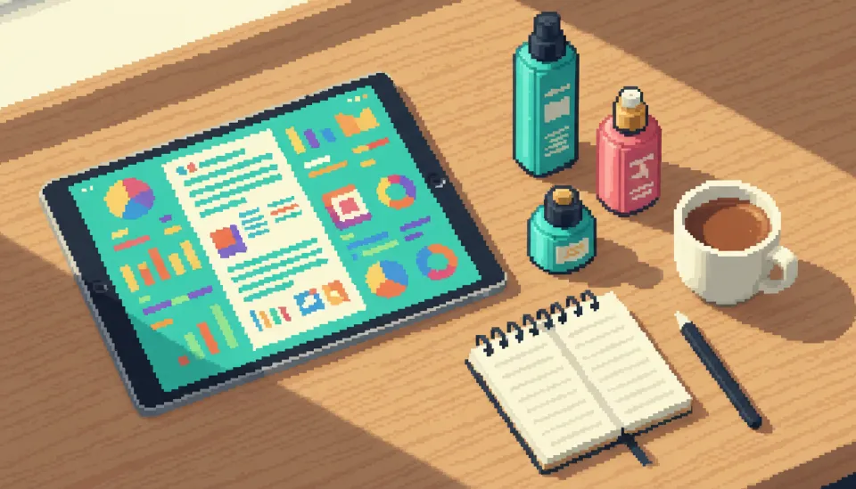 태블릿 화면에 띄워진 세련된 디자인의 인포그래픽 형태 마케팅 제안서와 그 옆에 놓인 실물 제품 및 커피가 있는 감각적인 책상 연출