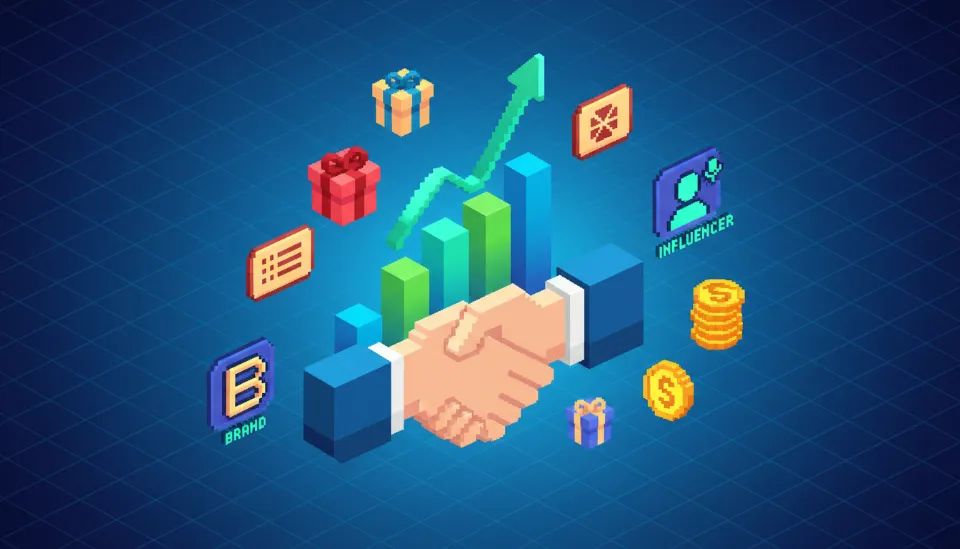 브랜드와 인플루언서의 악수하는 손 위로 상승하는 그래프와 선물 상자, 할인 쿠폰 아이콘이 떠다니며 상호 이익과 혜택을 상징하는 3D 일러스트