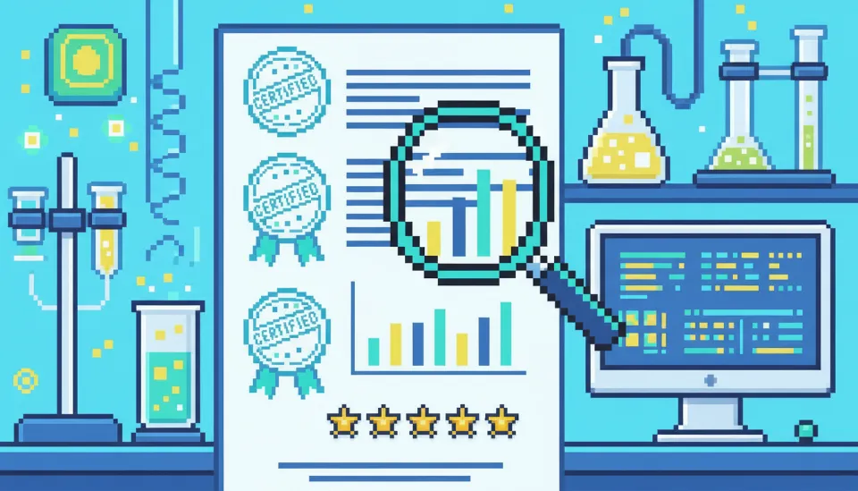 인증 도장이 찍힌 문서와 데이터 차트를 돋보기로 확대해 보는 모습, 별 5개짜리 긍정적인 리뷰가 강조되어 신뢰성과 검증을 나타내는 이미지