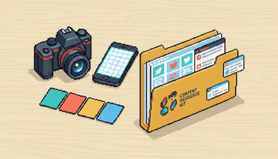콘텐츠 리소스 킷 폴더와 편집 가능한 SNS 템플릿, 스크립트 카드가 카메라, 스마트폰과 함께 정돈되어 있어 업무 편의성과 지원을 상징하는 이미지