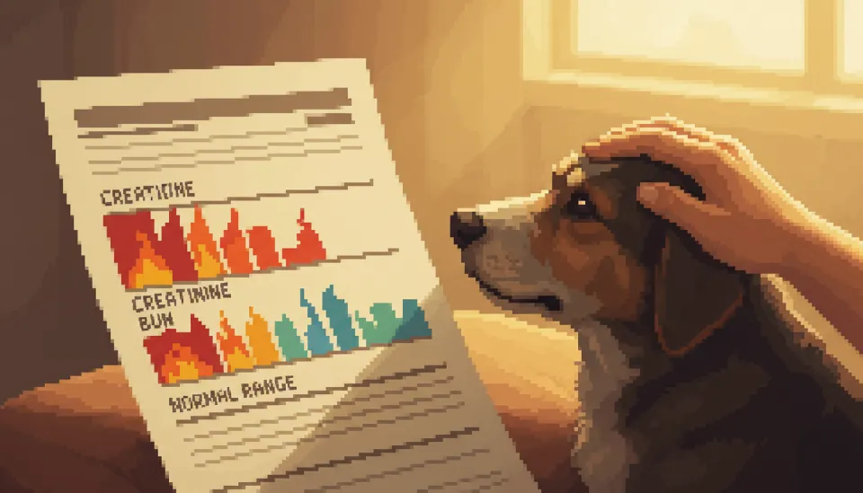 신부전 4단계 진단을 나타내는 높은 크레아티닌 수치가 적힌 혈액 검사 결과지와 노령견을 쓰다듬는 보호자의 손